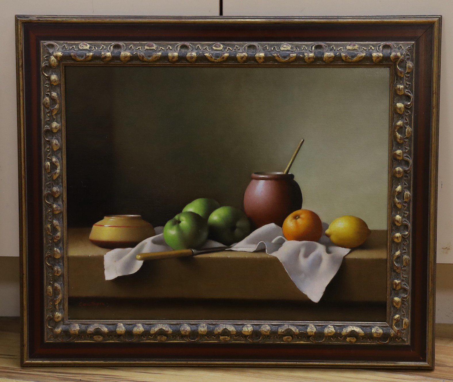 Christopher Cawthorne (20th C.), oil on canvas, Still life of fruit and pots on a table top, signed, 40 x 50cm